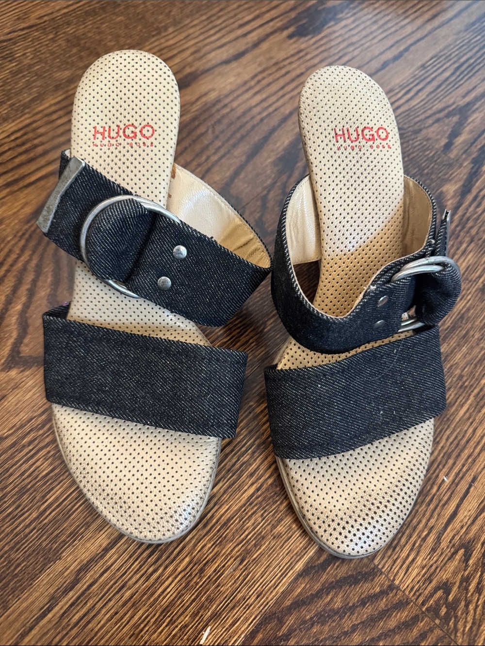 HUGO Black Denim Buckle Slide Mules